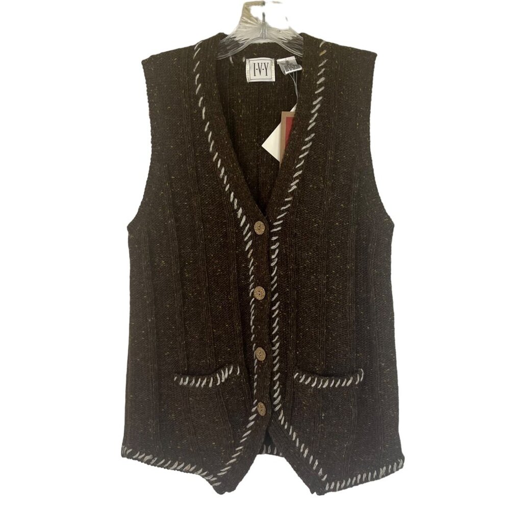 IVY Wool Blend Hand Embroidery Knit Vest Womens Small Brown New